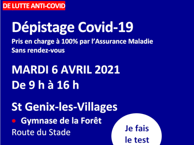 Dépistage COVID 19 Grand Public le mardi 6 avril à St Genix-les-Villages