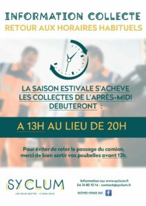 Horaires Collecte des ordures ménagères // retour à la normale à partir de lundi 19 septembre pour les collectes de l’après-midi